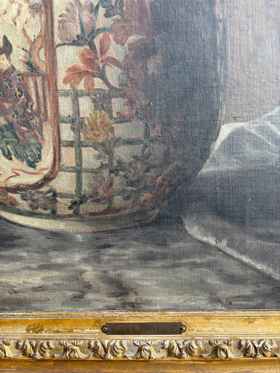 Large Painting (140 X 173.5 Cm) "bouquet Of Flowers In A Porcelain Vase" 19th Century.-photo-5