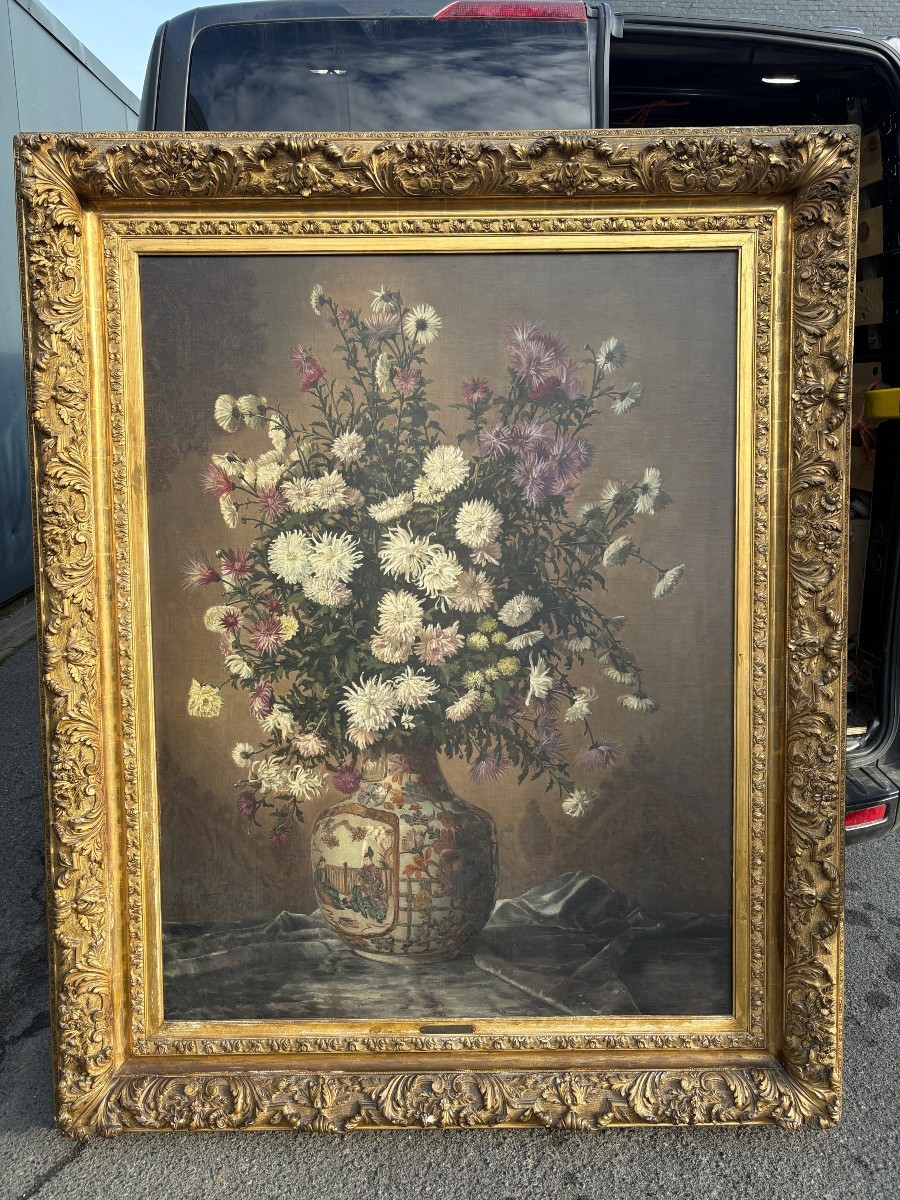 Large Painting (140 X 173.5 Cm) "bouquet Of Flowers In A Porcelain Vase" 19th Century.-photo-8
