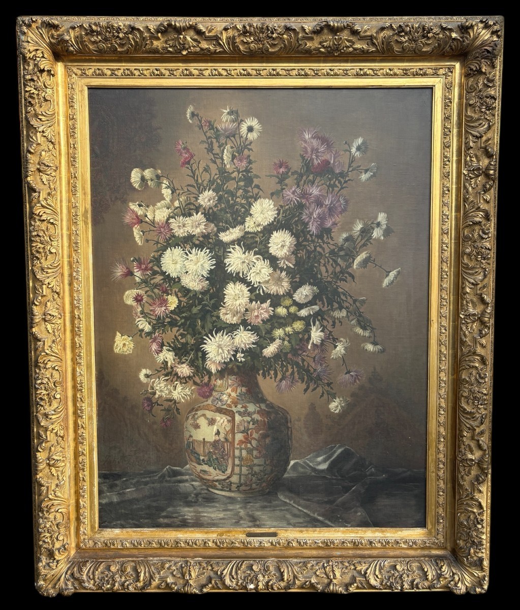 Large Painting (140 X 173.5 Cm) "bouquet Of Flowers In A Porcelain Vase" 19th Century.