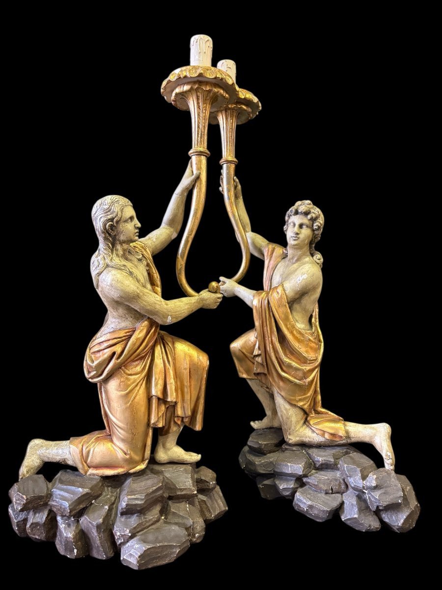 Pair Of Large Polychrome/gilt Wooden Sculptures/torchers From The 18th Century.-photo-1