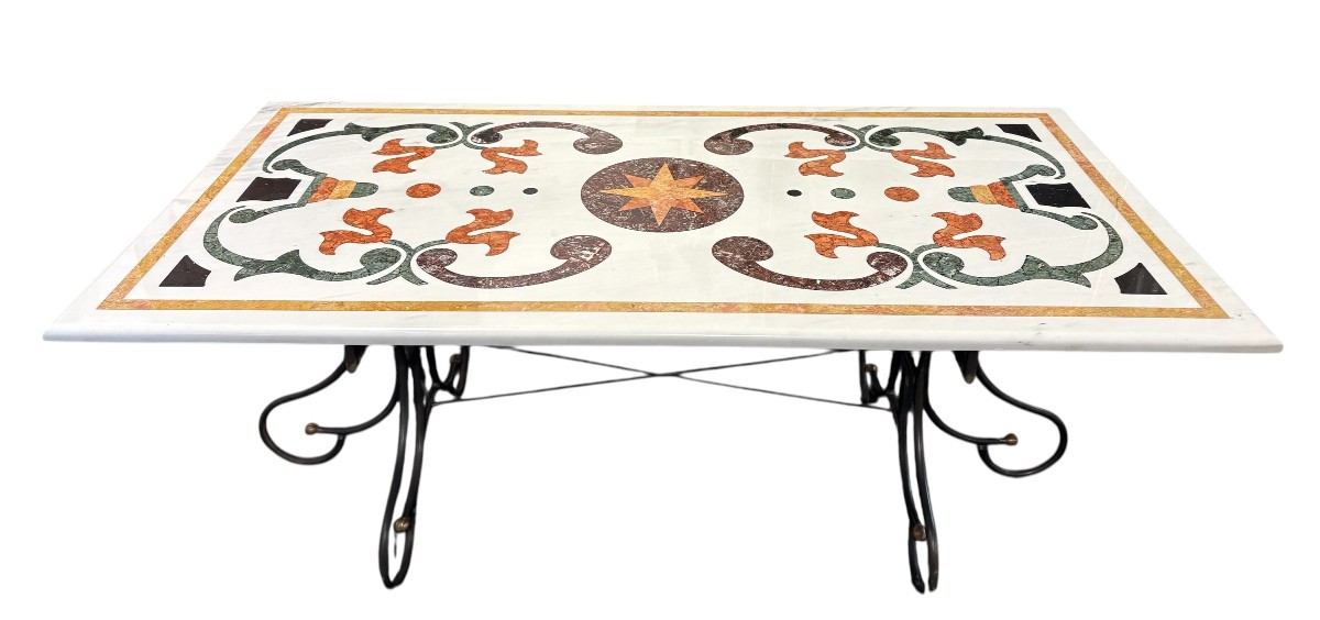 Large Decorative Table With Inlaid Marble Top, 20th Century.-photo-2
