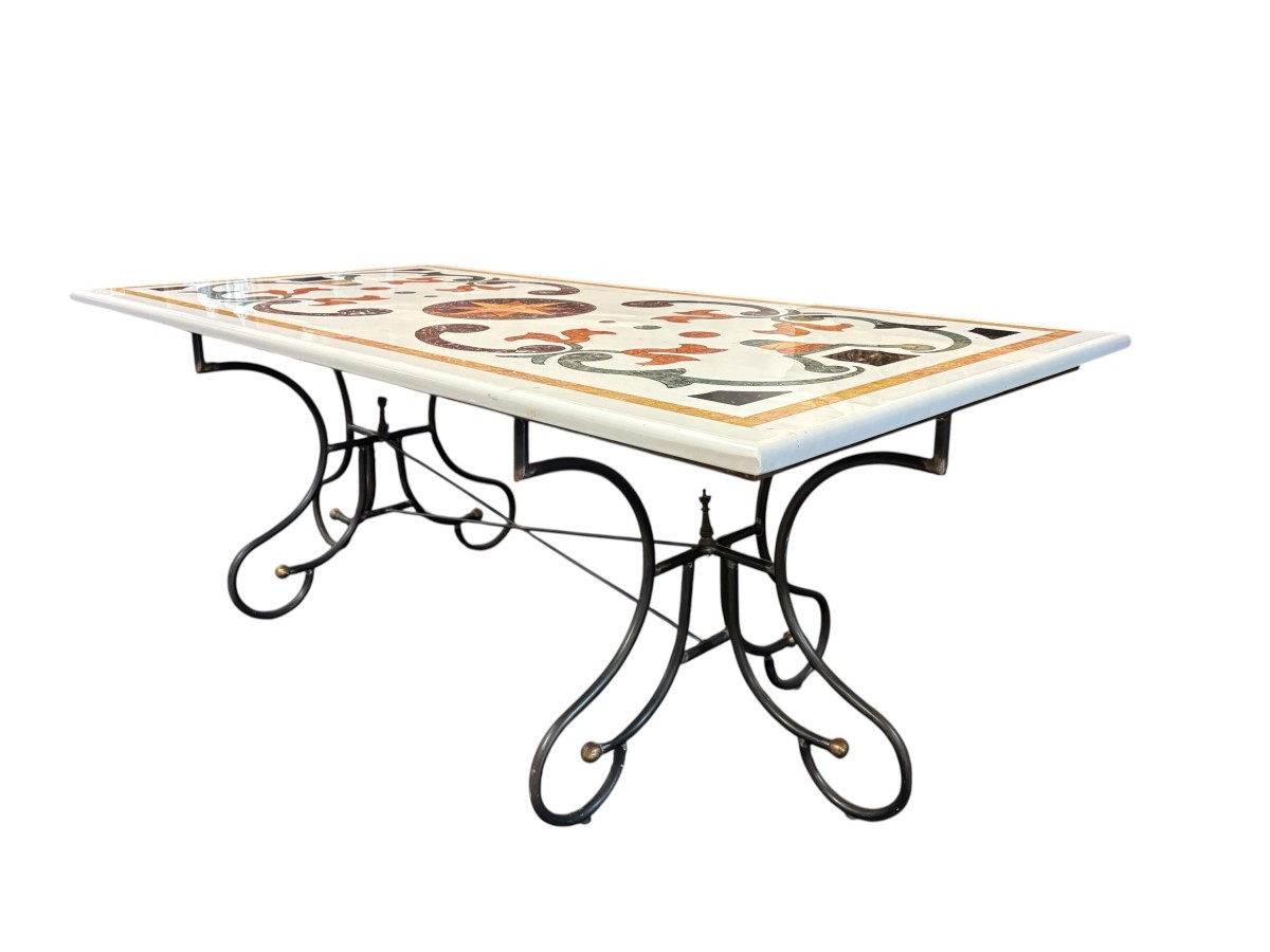 Large Decorative Table With Inlaid Marble Top, 20th Century.-photo-3