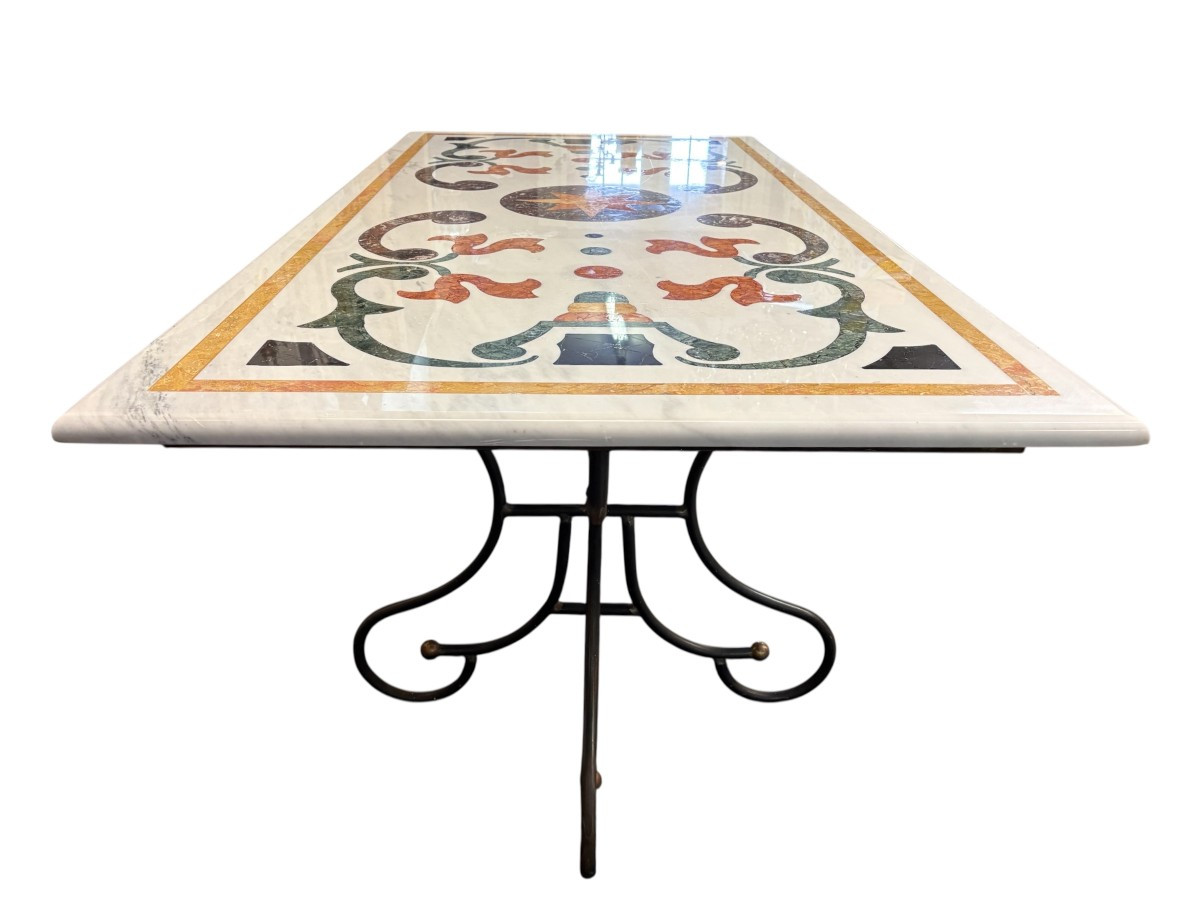 Large Decorative Table With Inlaid Marble Top, 20th Century.-photo-4