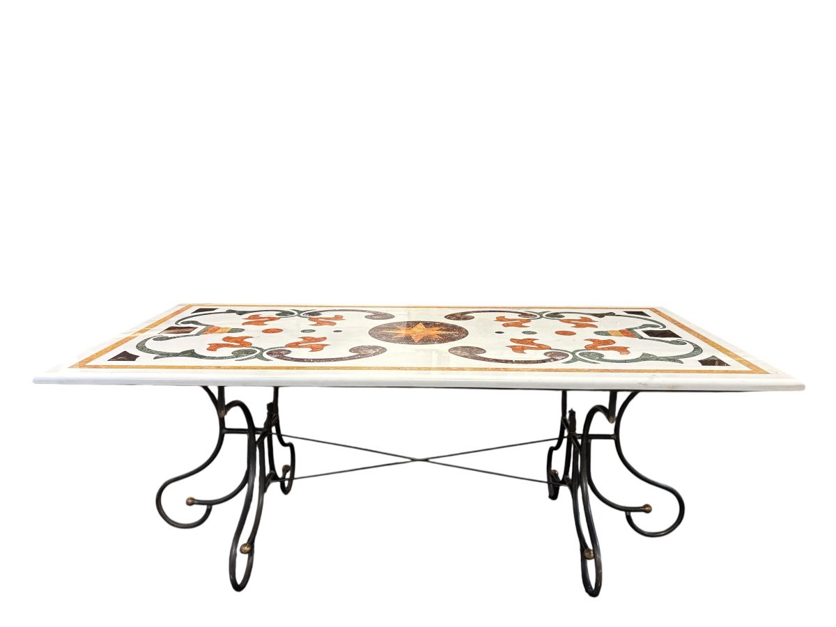 Large Decorative Table With Inlaid Marble Top, 20th Century.-photo-1