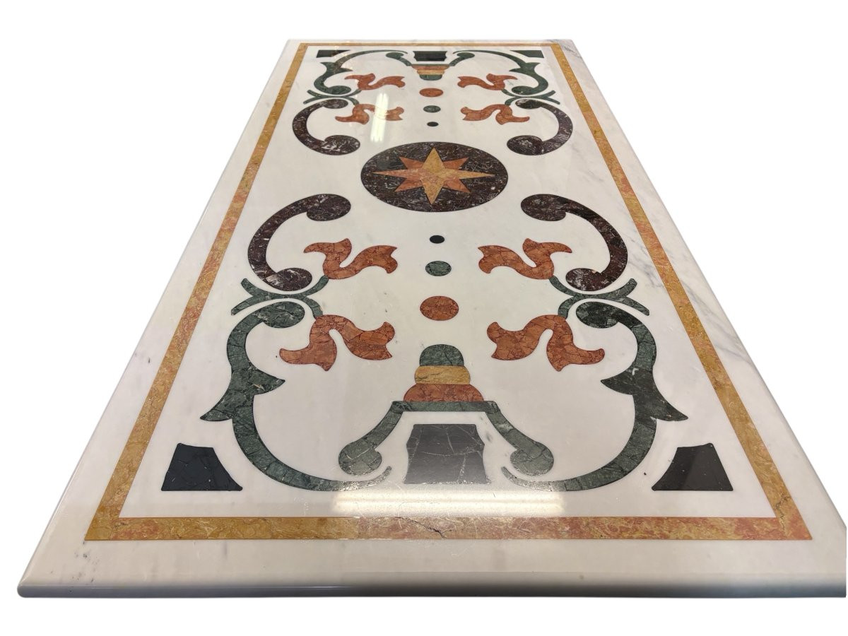 Large Decorative Table With Inlaid Marble Top, 20th Century.-photo-2