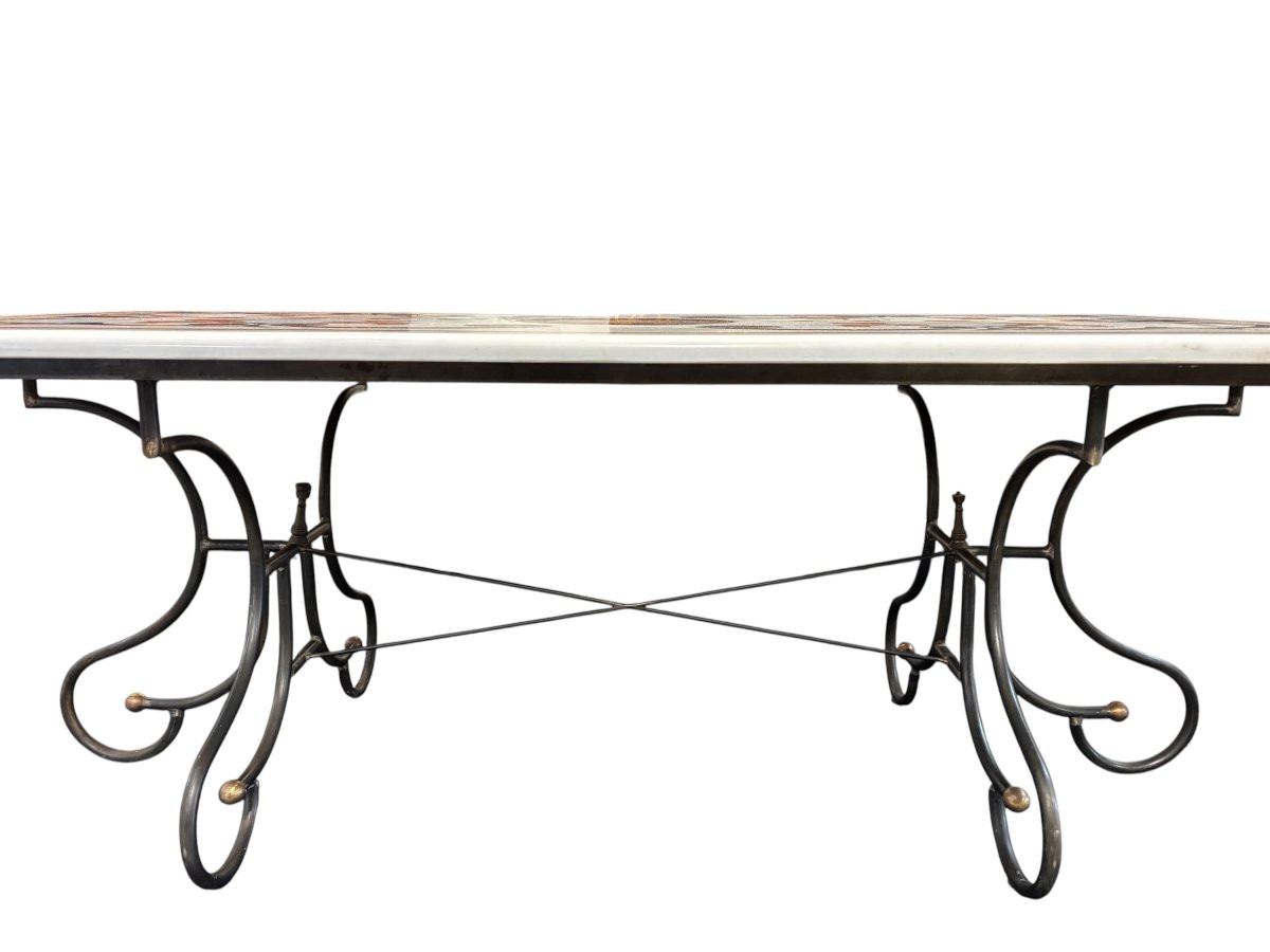 Large Decorative Table With Inlaid Marble Top, 20th Century.-photo-3