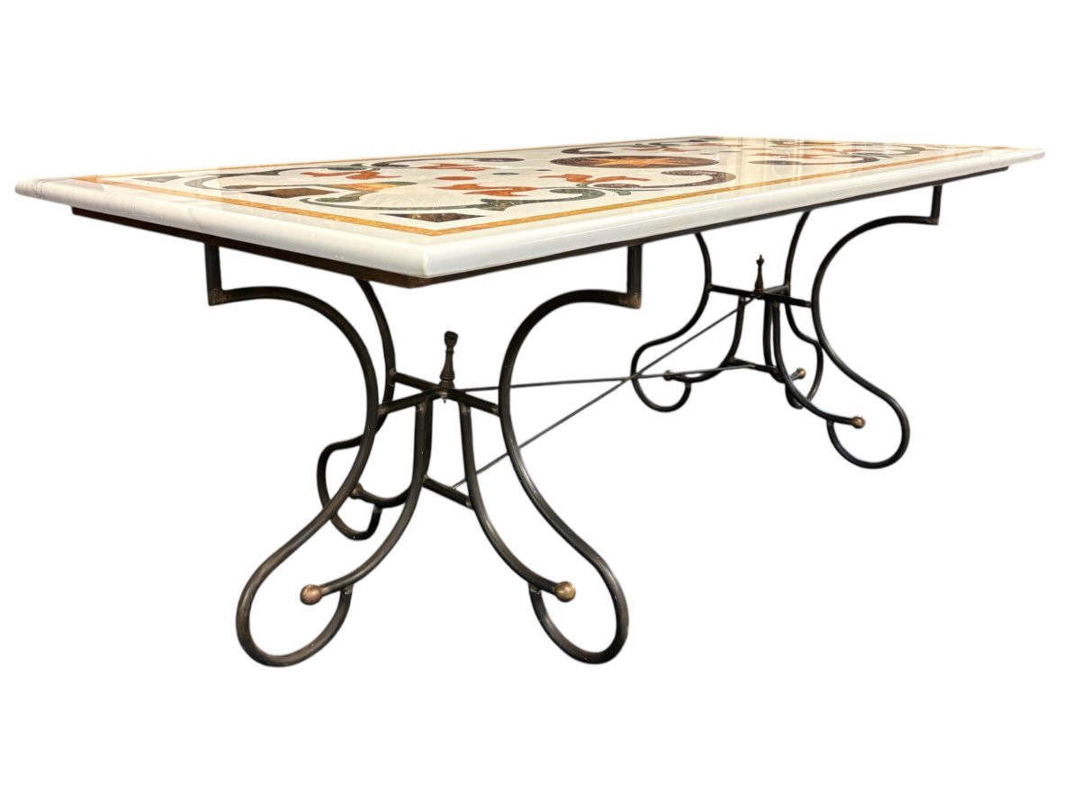 Large Decorative Table With Inlaid Marble Top, 20th Century.-photo-4