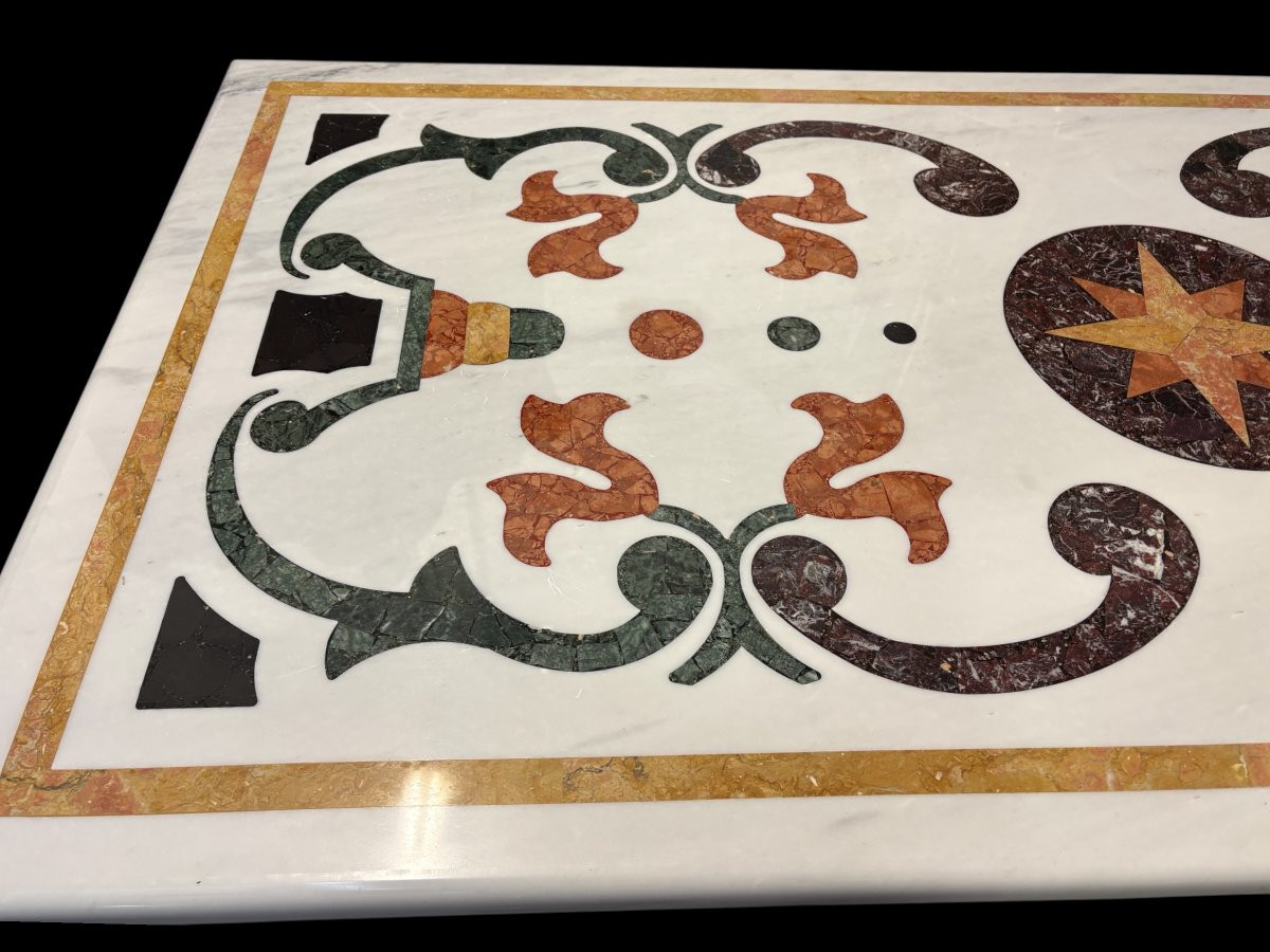 Large Decorative Table With Inlaid Marble Top, 20th Century.-photo-5