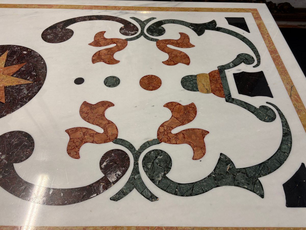 Large Decorative Table With Inlaid Marble Top, 20th Century.-photo-7
