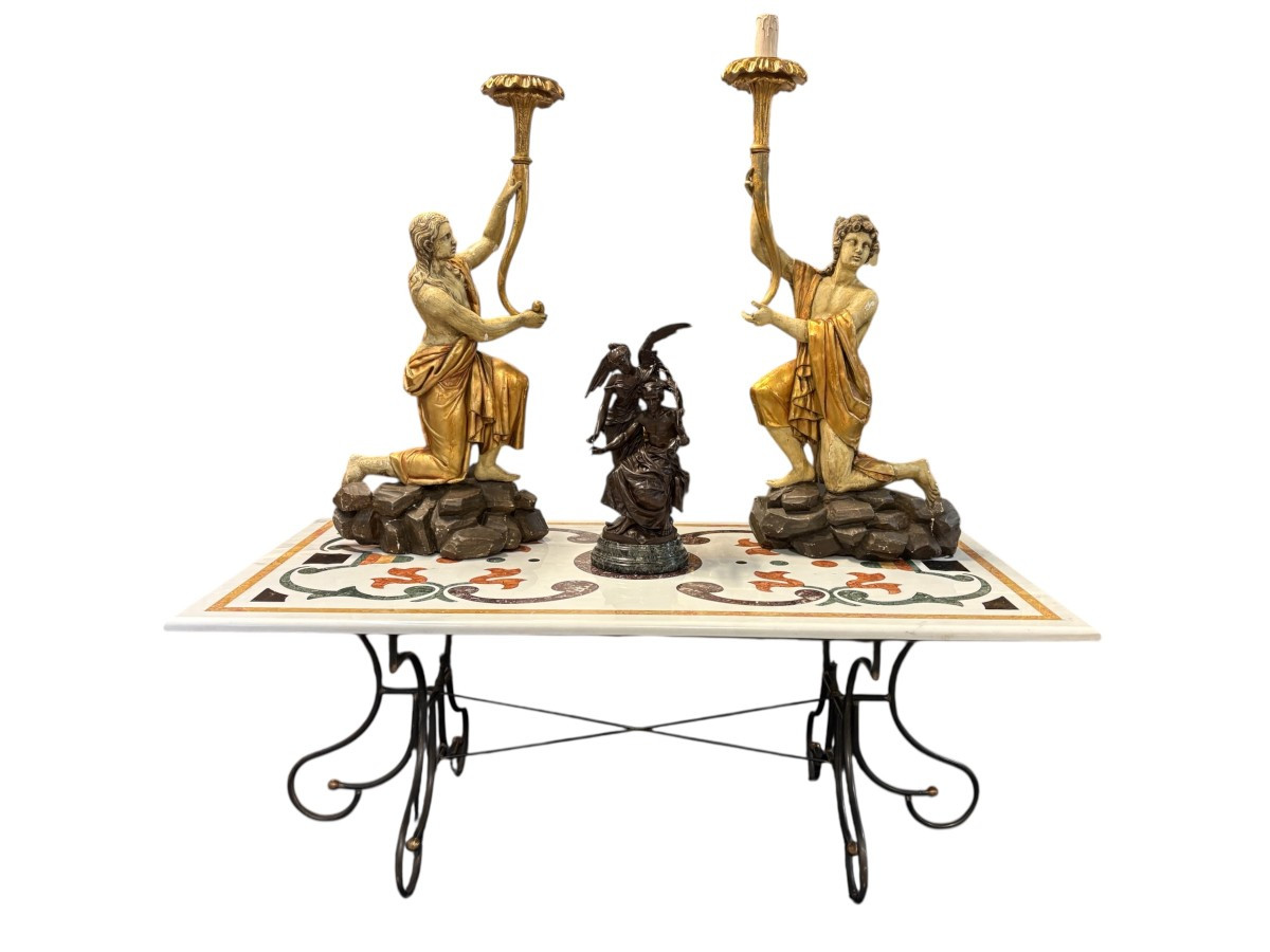 Large Decorative Table With Inlaid Marble Top, 20th Century.-photo-8