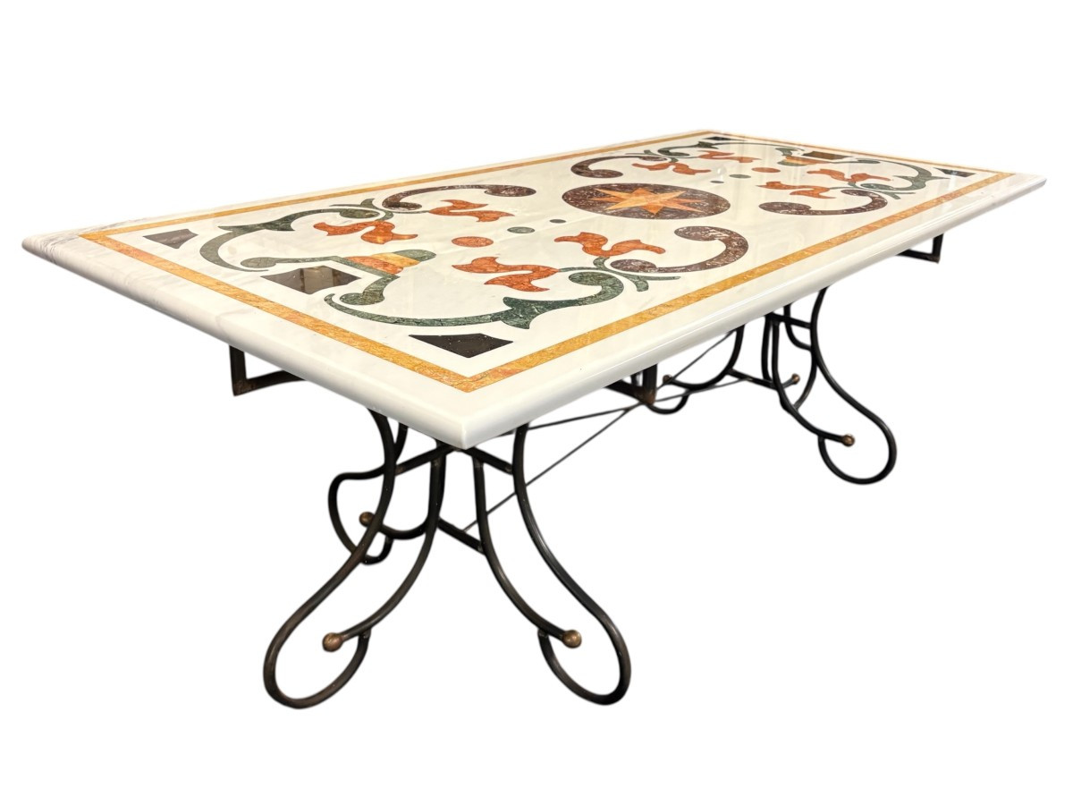 Large Decorative Table With Inlaid Marble Top, 20th Century.