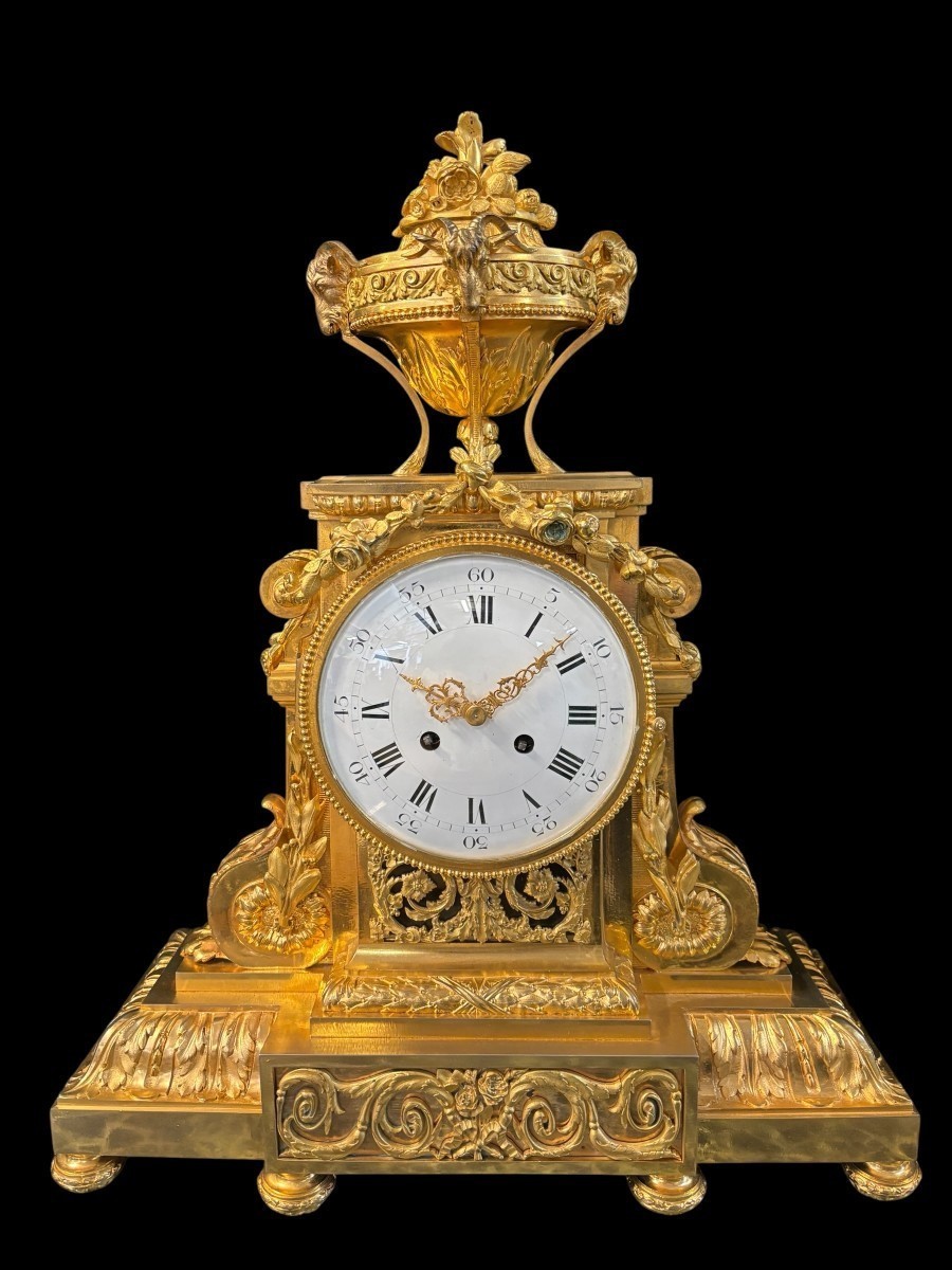 Large Louis XVI Style Gilt Bronze Mantel Set, 19th Century.-photo-3