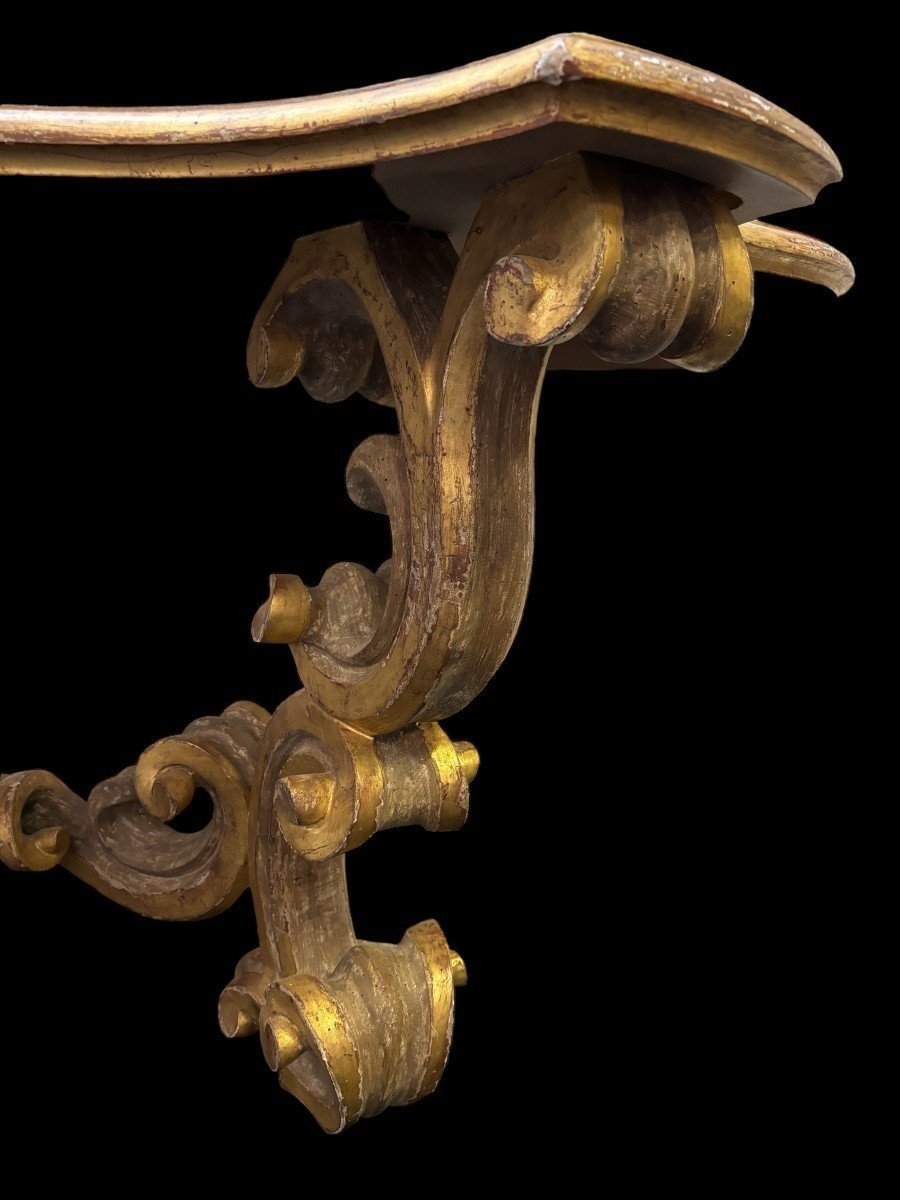 Paire De Grandes Consoles En Bois Doré, Italie 18ème.-photo-1