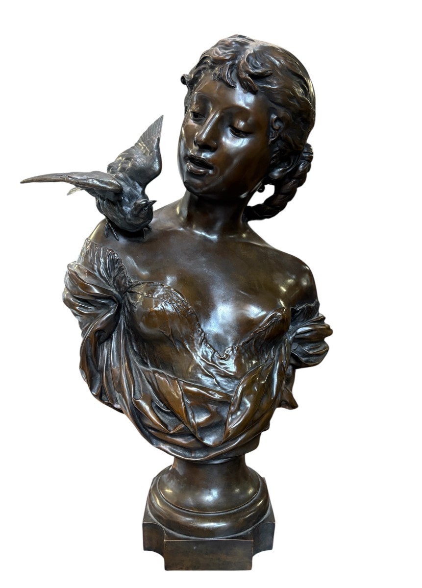 Grand buste élégant « jeune femme à l'oiseau » en bronze 19ème. (68 cm)-photo-8