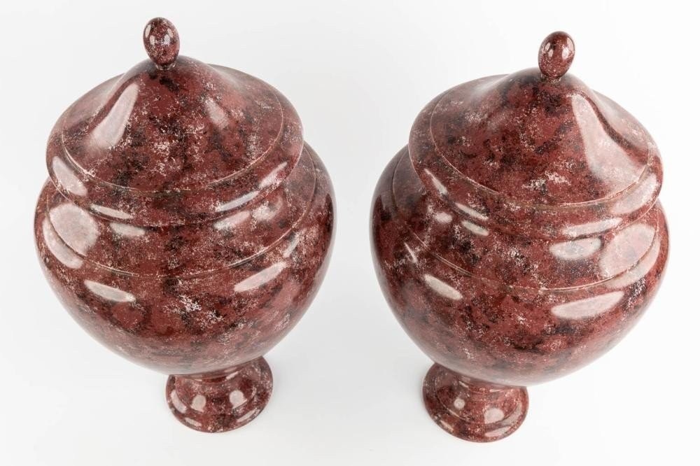 Pair Of Wooden Lidded Vases Painted In The Imitation Of Porphyry 20thc. ( 62 Cm )-photo-2