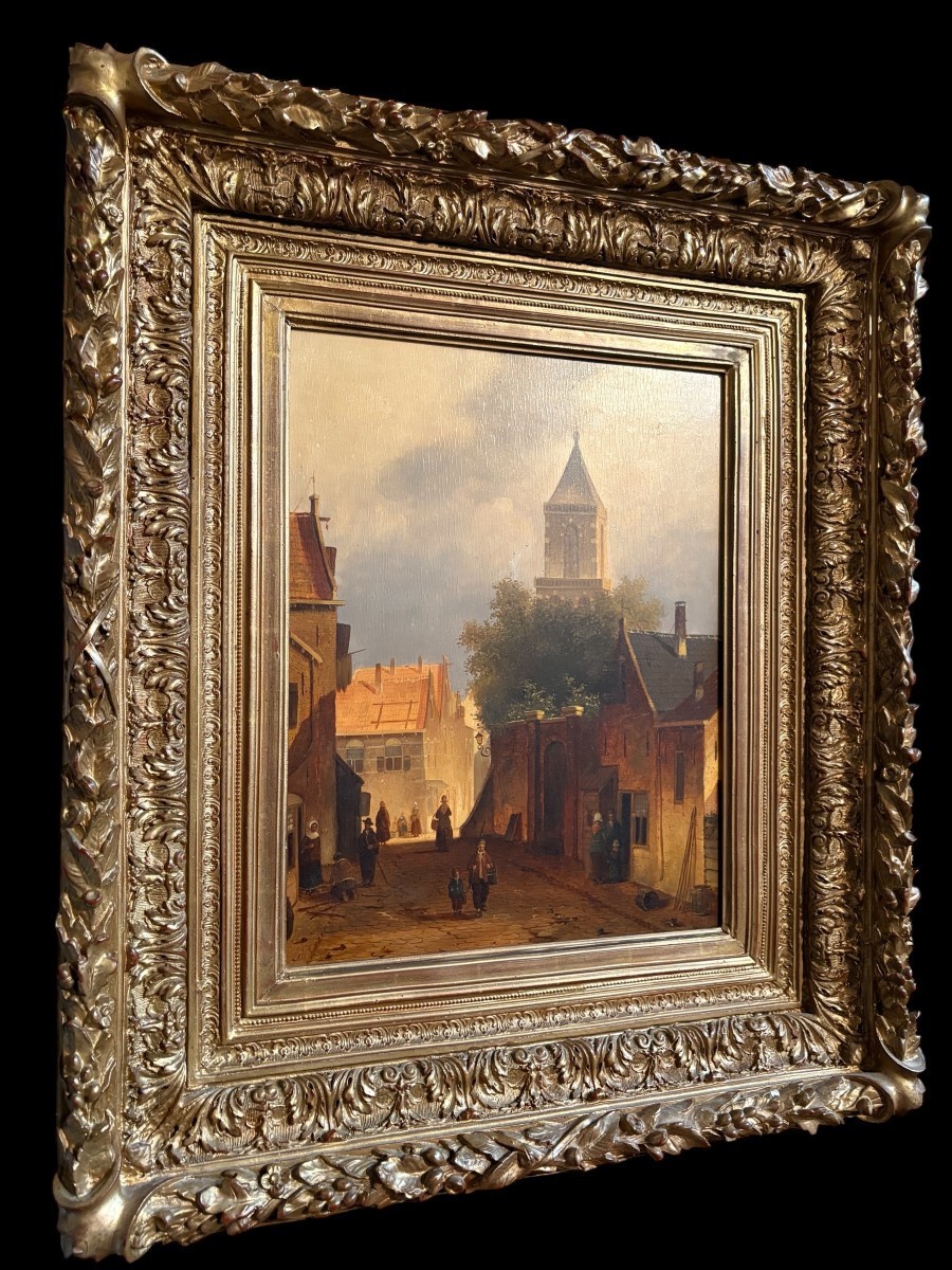 Peinture « Vue d'une vieille ville hollandaise » huile sur panneau XIXe siècle-photo-3