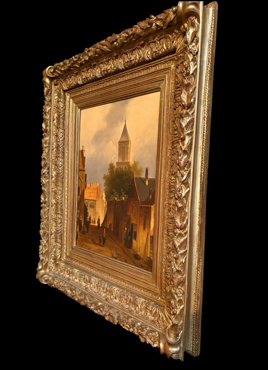 Peinture « Vue d'une vieille ville hollandaise » huile sur panneau XIXe siècle-photo-4
