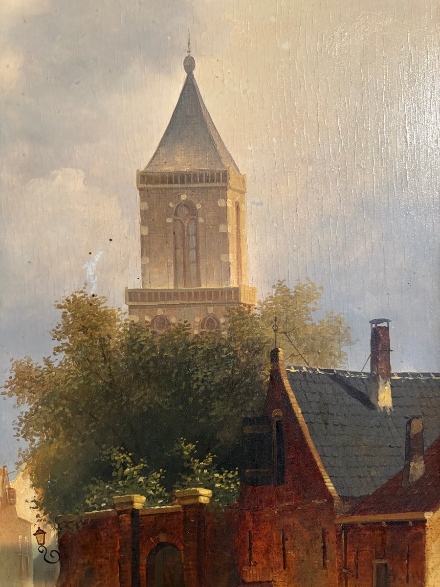 Peinture « Vue d'une vieille ville hollandaise » huile sur panneau XIXe siècle-photo-1