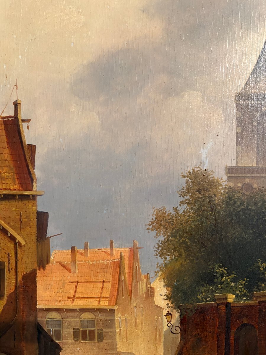 Peinture « Vue d'une vieille ville hollandaise » huile sur panneau XIXe siècle-photo-2
