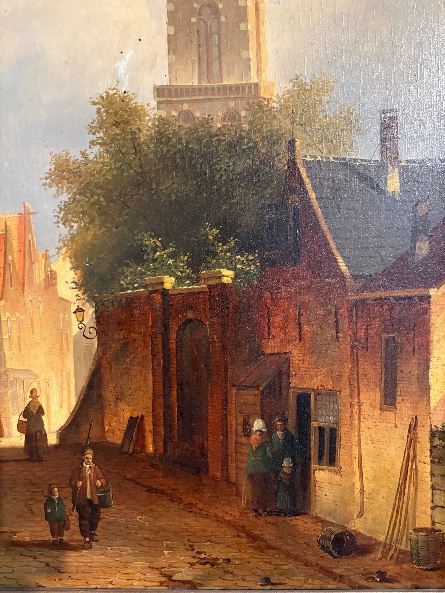 Peinture « Vue d'une vieille ville hollandaise » huile sur panneau XIXe siècle-photo-4