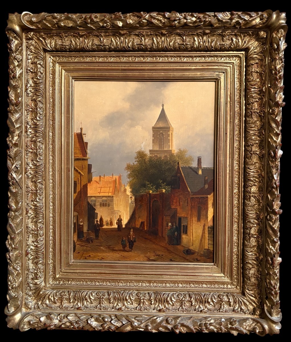 Peinture « Vue d'une vieille ville hollandaise » huile sur panneau XIXe siècle-photo-8