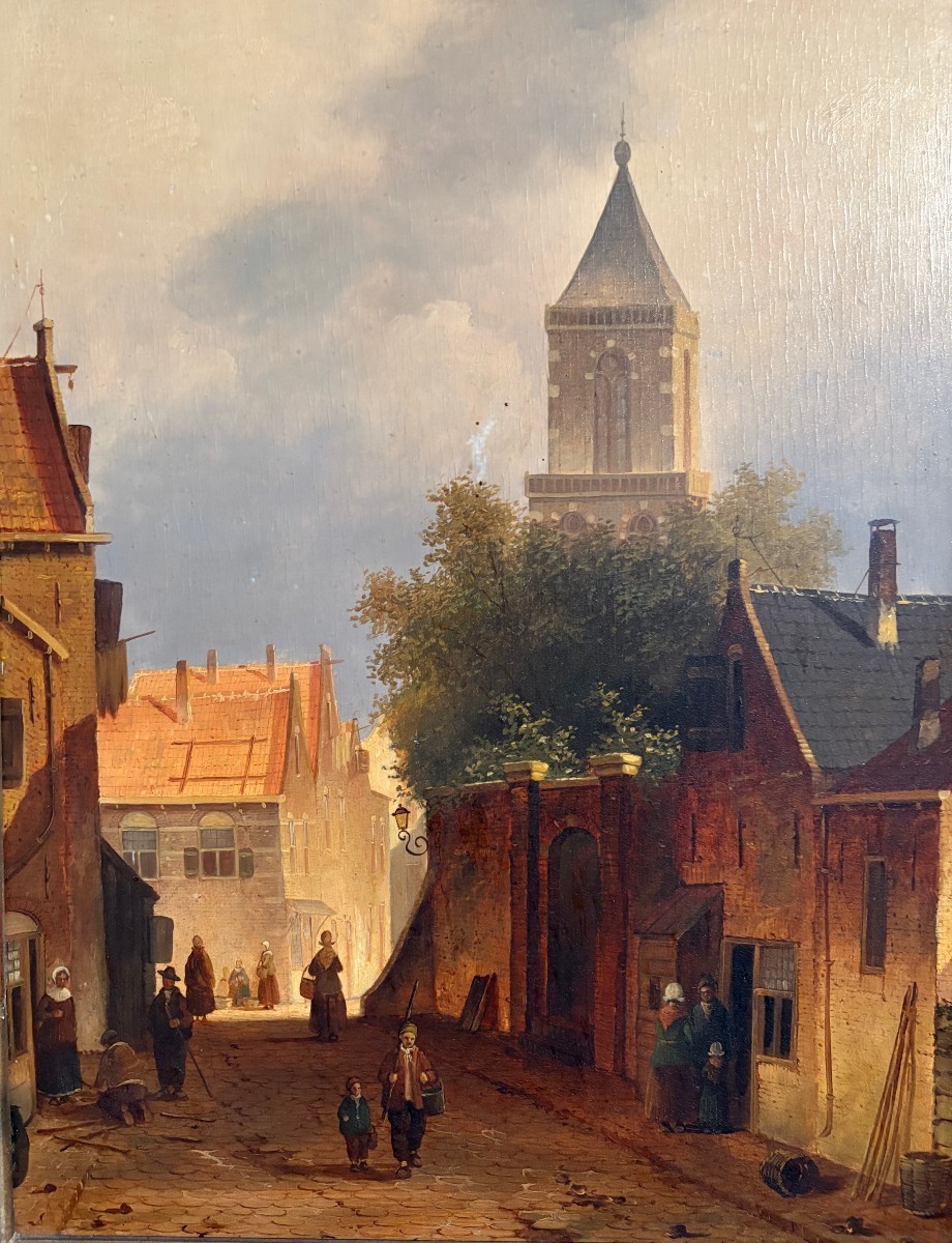 Peinture « Vue d'une vieille ville hollandaise » huile sur panneau XIXe siècle