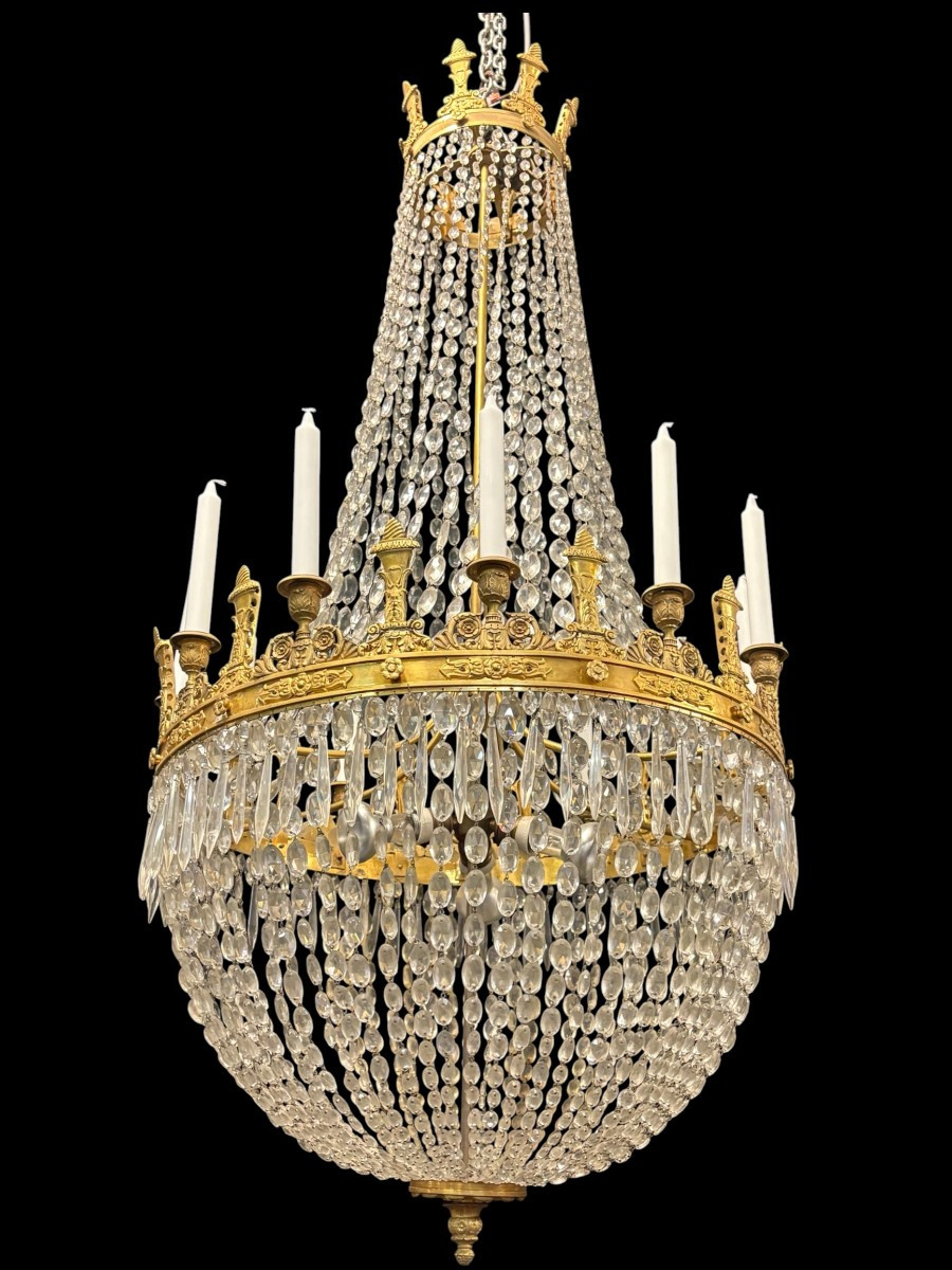 Very Large  ( 140 Cm ) Empire-style "pearl Bag" Chandelier, Circa 1900-photo-2