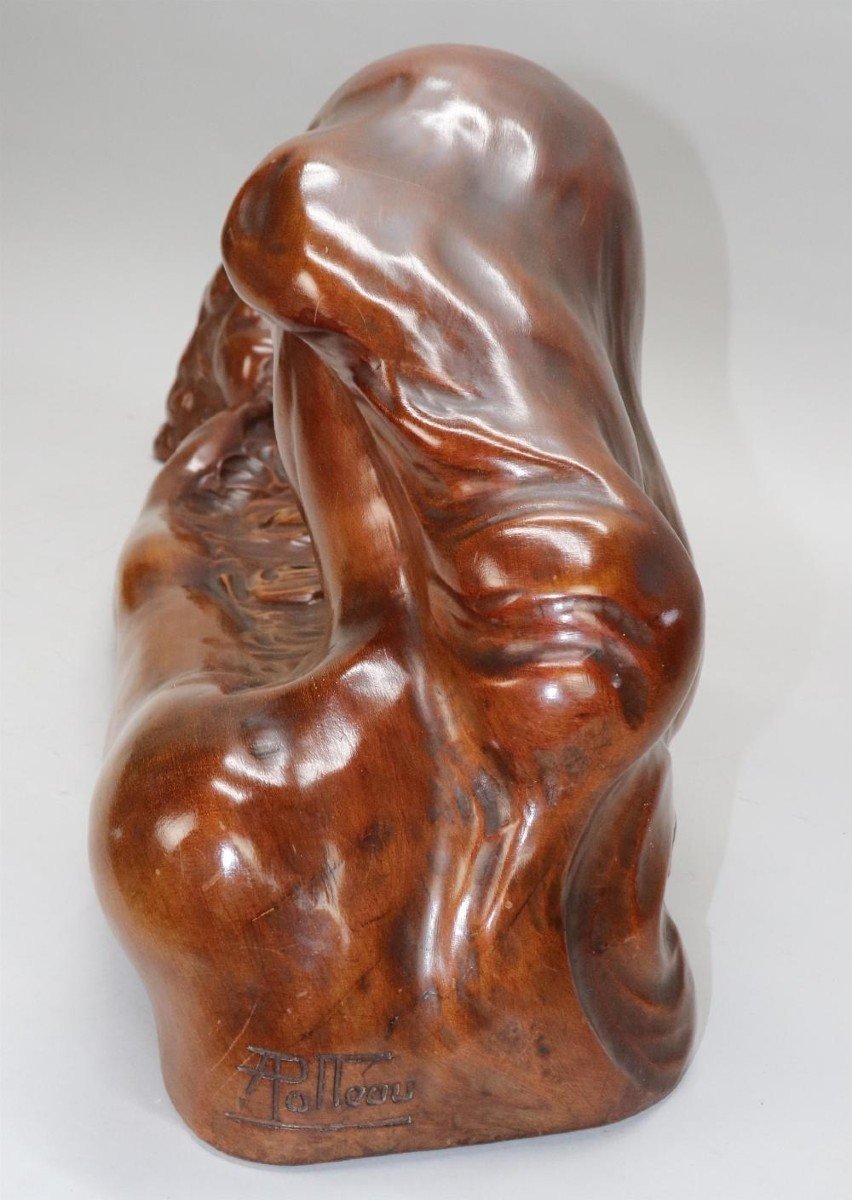 Pretty Art Deco Wooden Sculpture "mother With Hand Extended To Child".-photo-3