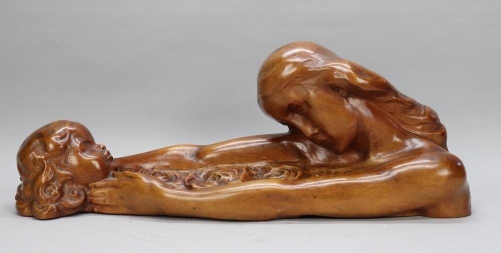 Pretty Art Deco Wooden Sculpture "mother With Hand Extended To Child".-photo-8