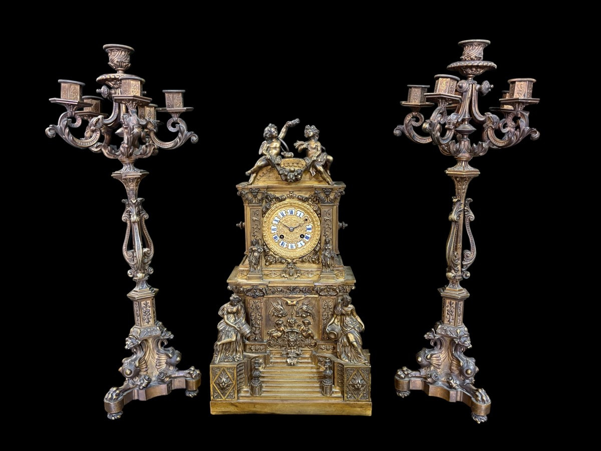 Garniture de cheminée romantique en bronze  Napoléon III