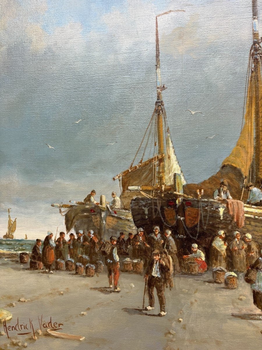 Large Decorative Painting "vue De La Plage" Oil On Canvas 20thc.-photo-3