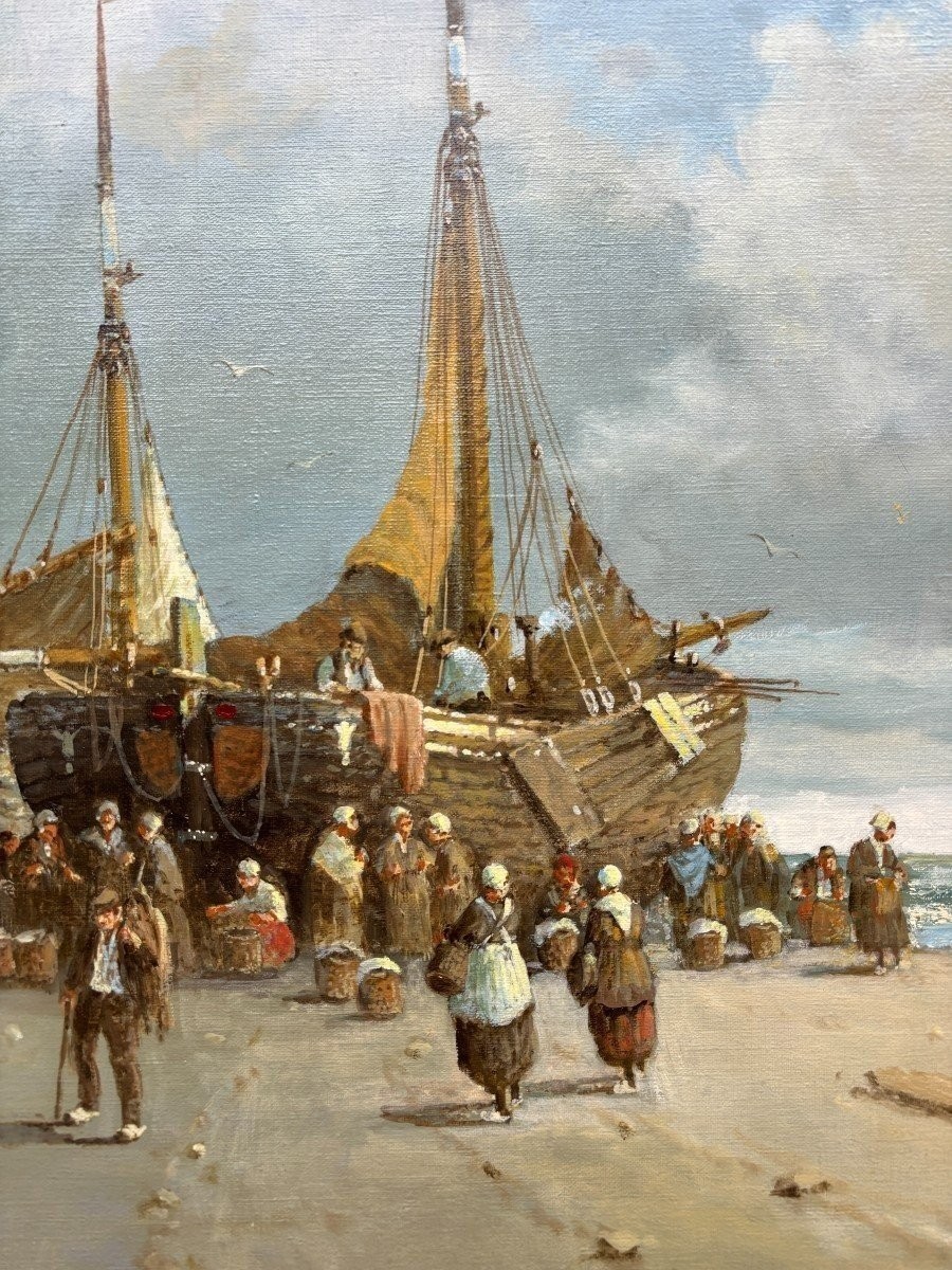 Large Decorative Painting "vue De La Plage" Oil On Canvas 20thc.-photo-4