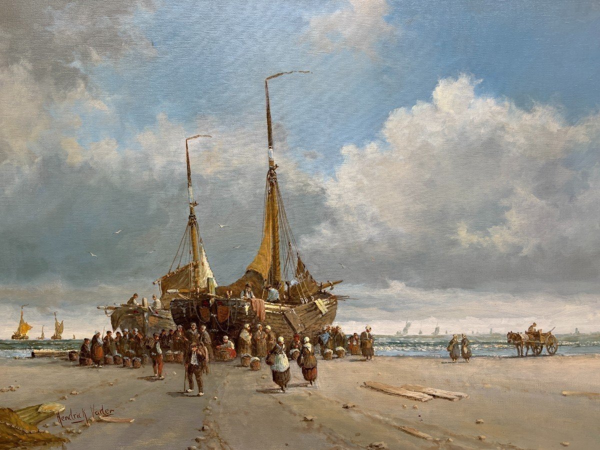 Large Decorative Painting "vue De La Plage" Oil On Canvas 20thc.-photo-2