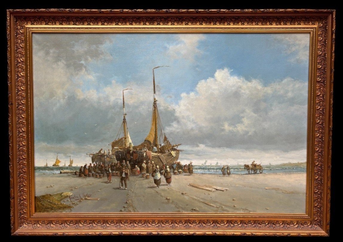 Large Decorative Painting "vue De La Plage" Oil On Canvas 20thc.