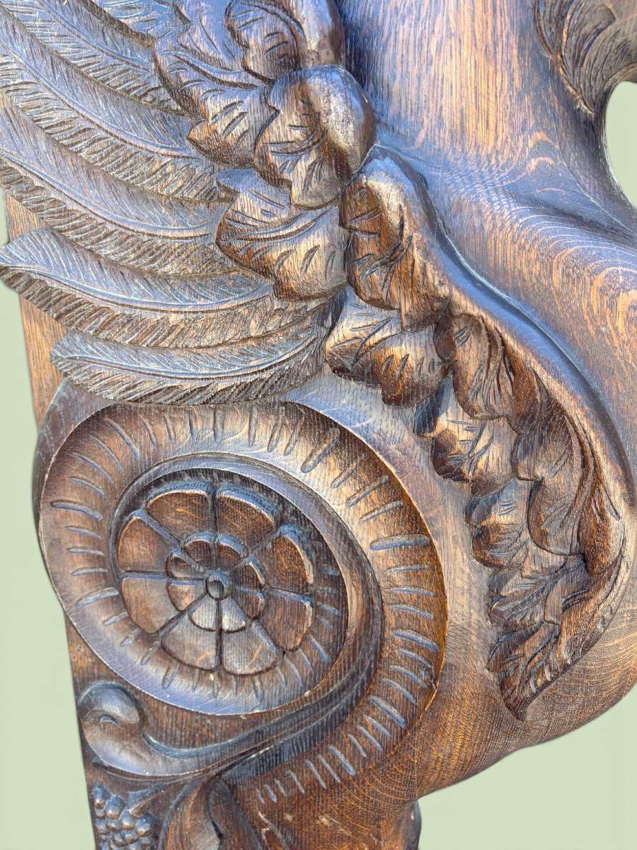 Large ( 127 Cm ) Empire-style "winged Panther" Oak Sculpture, Late 19th Century.-photo-3