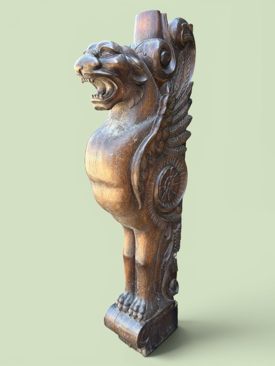 Large ( 127 Cm ) Empire-style "winged Panther" Oak Sculpture, Late 19th Century.-photo-8