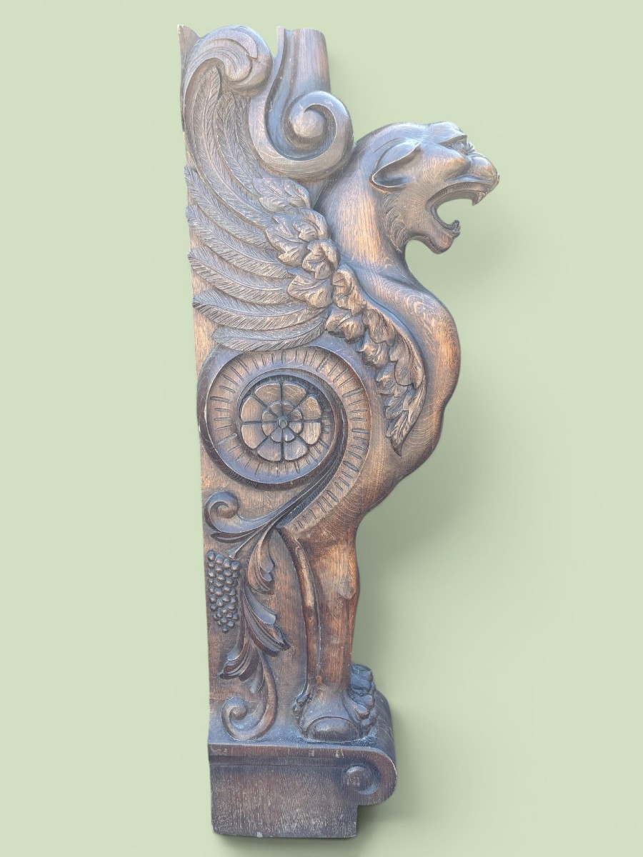 Large ( 127 Cm ) Empire-style "winged Panther" Oak Sculpture, Late 19th Century.