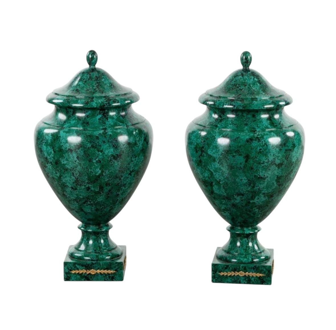 Pair Of Wooden Vases ( 70 Cm ) Painted In Imitation Of Malachite 20thc.-photo-3