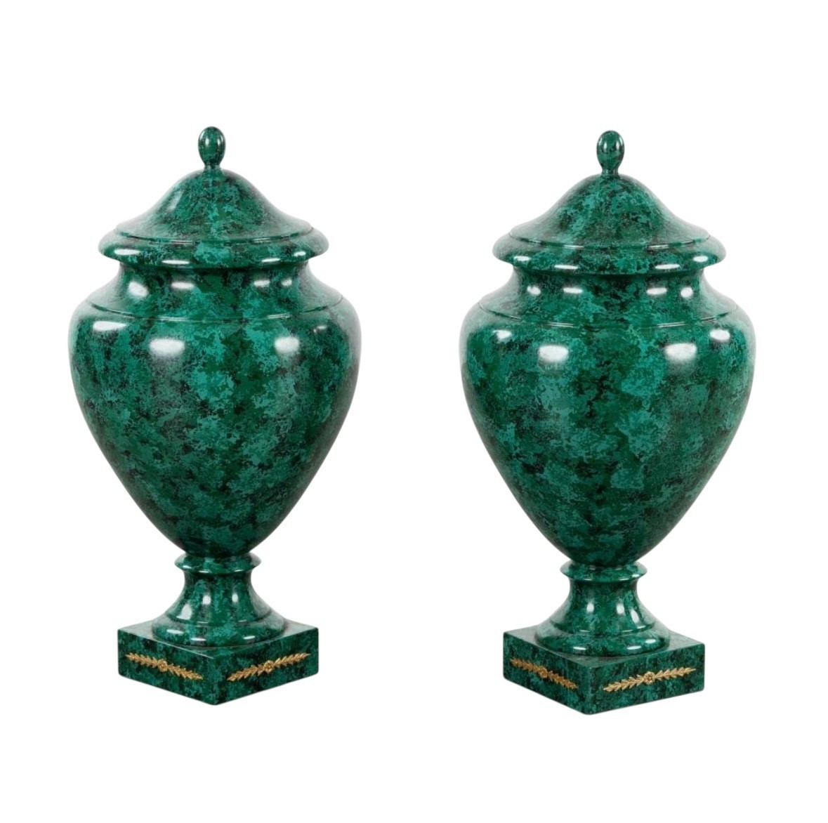 Pair Of Wooden Vases ( 70 Cm ) Painted In Imitation Of Malachite 20thc.-photo-4