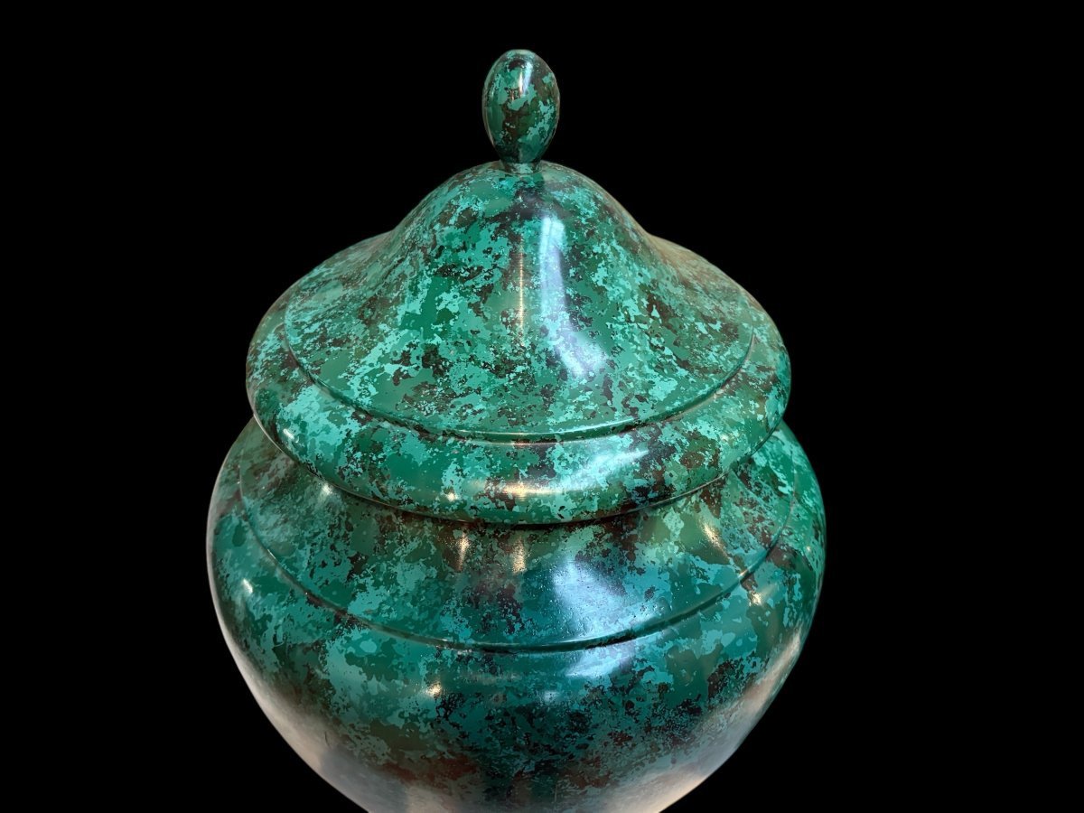 Pair Of Wooden Vases ( 70 Cm ) Painted In Imitation Of Malachite 20thc.-photo-4