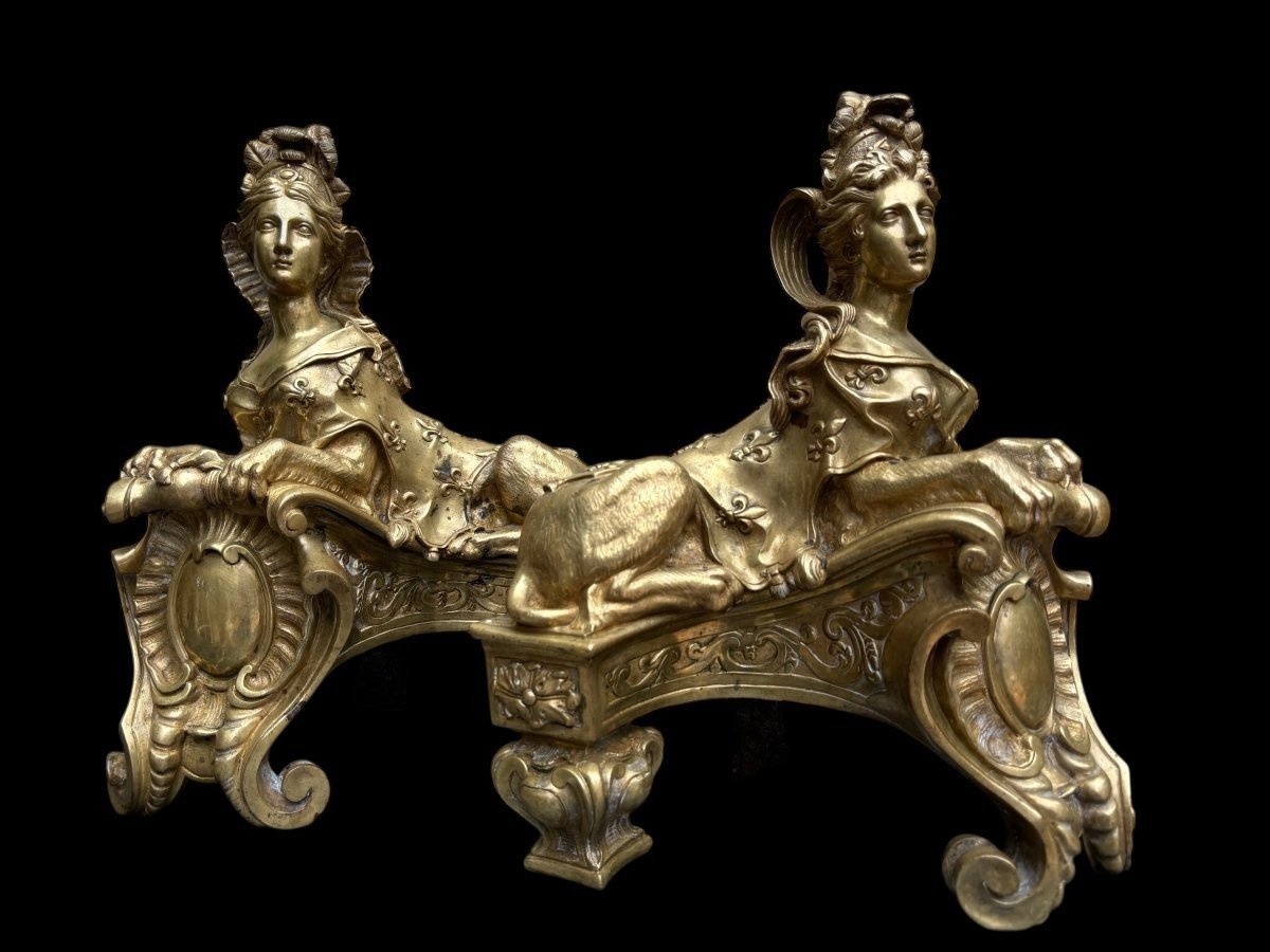 Paire de grands chenets " Sphinx" en bronze Régence 19ème.-photo-3