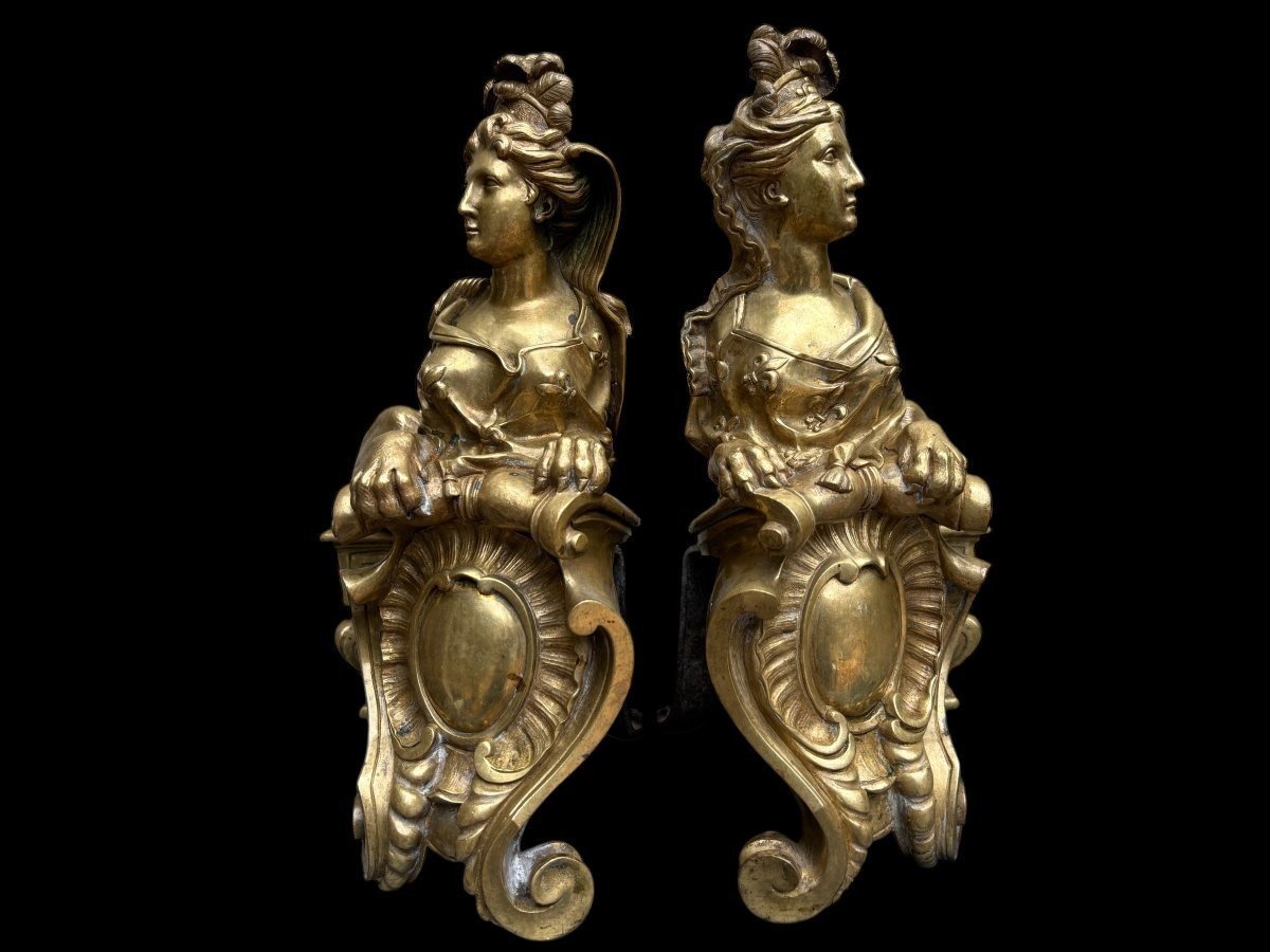 Paire de grands chenets " Sphinx" en bronze Régence 19ème.-photo-4