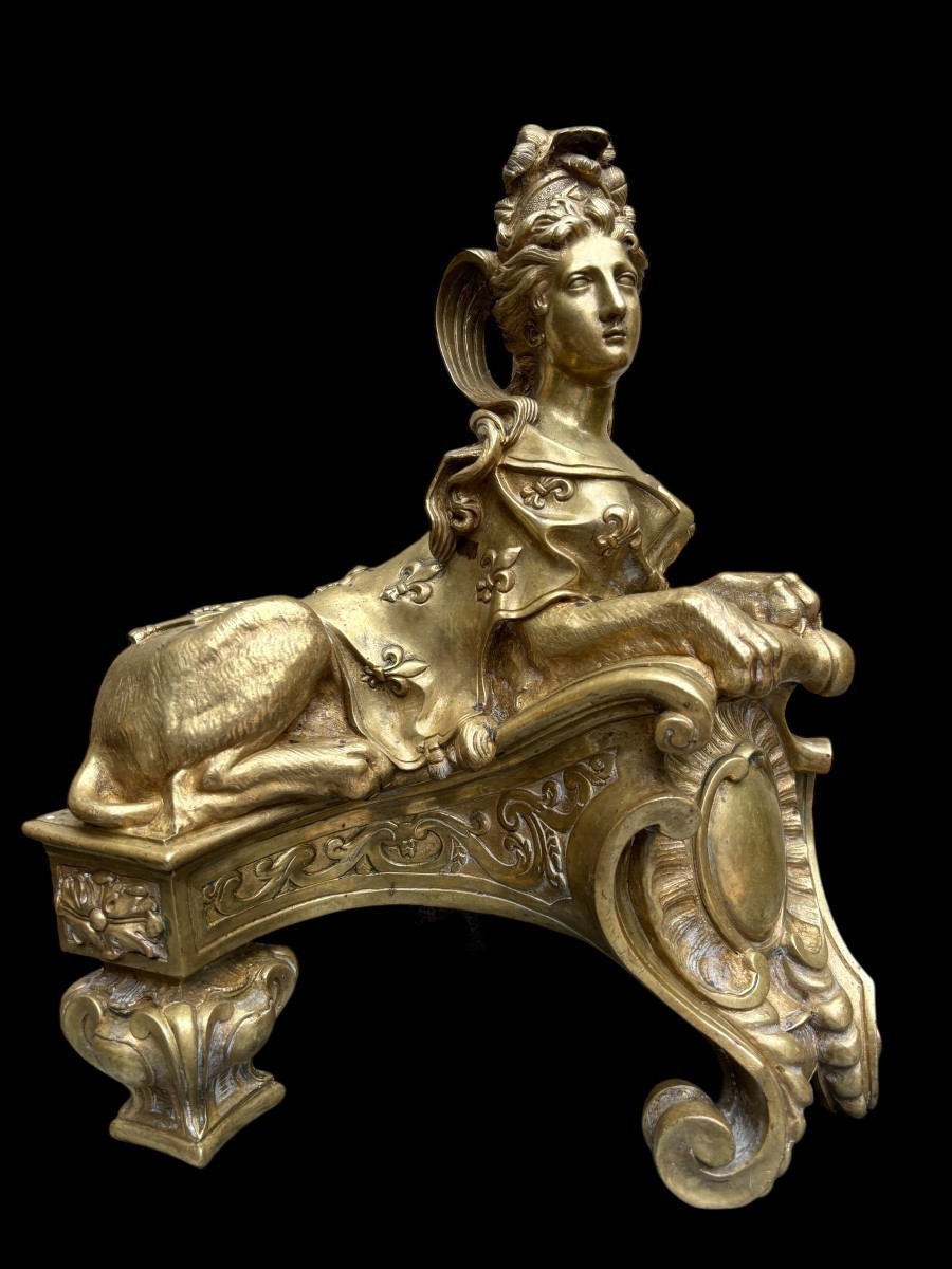 Paire de grands chenets " Sphinx" en bronze Régence 19ème.-photo-1