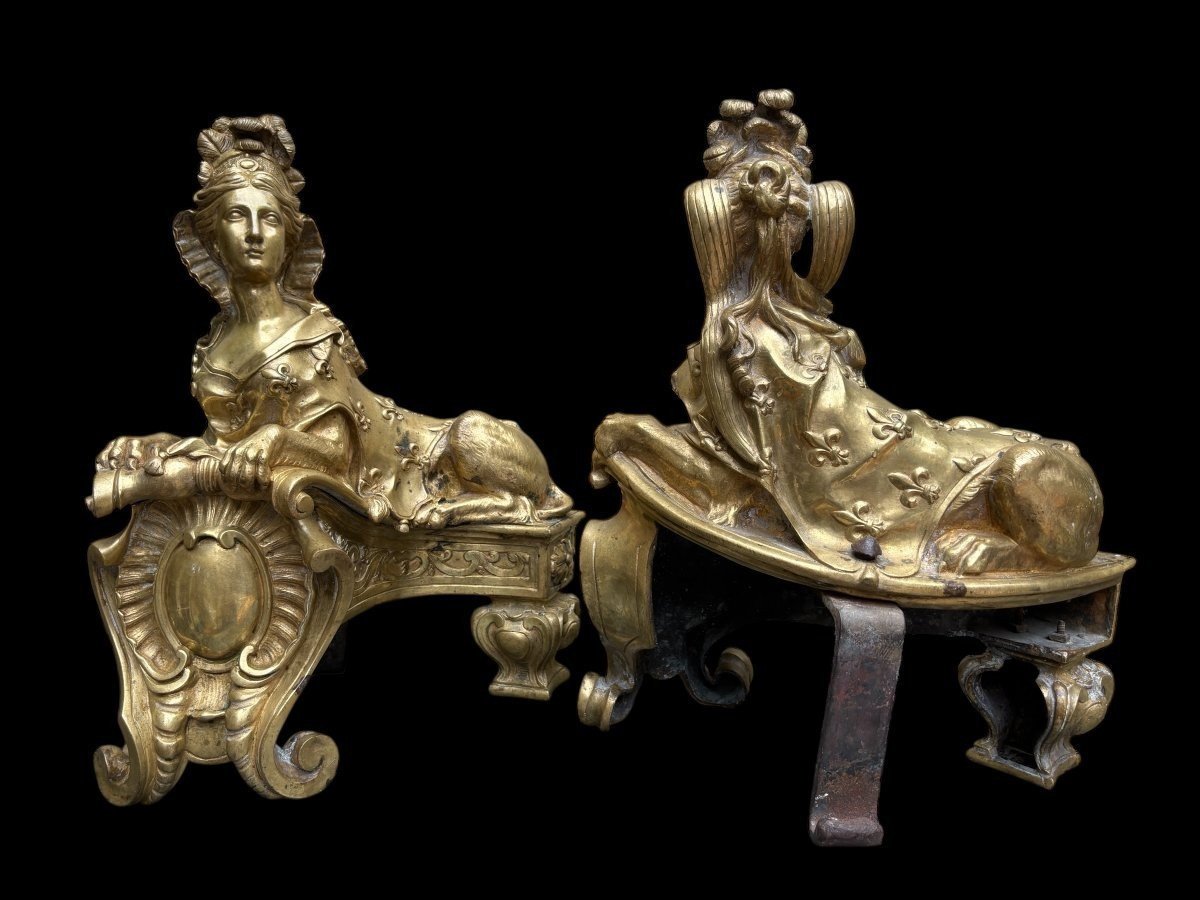 Paire de grands chenets " Sphinx" en bronze Régence 19ème.-photo-5