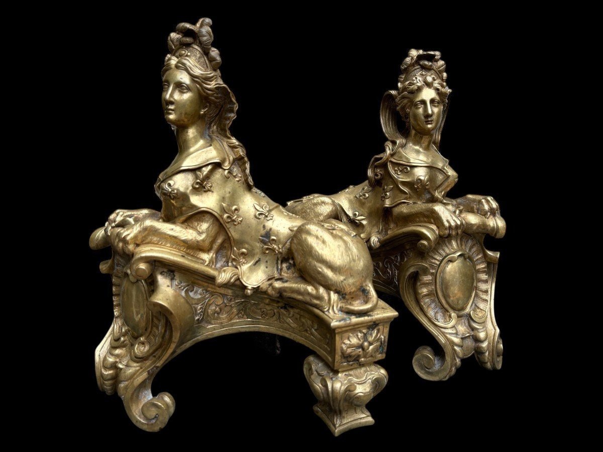 Paire de grands chenets " Sphinx" en bronze Régence 19ème.-photo-6
