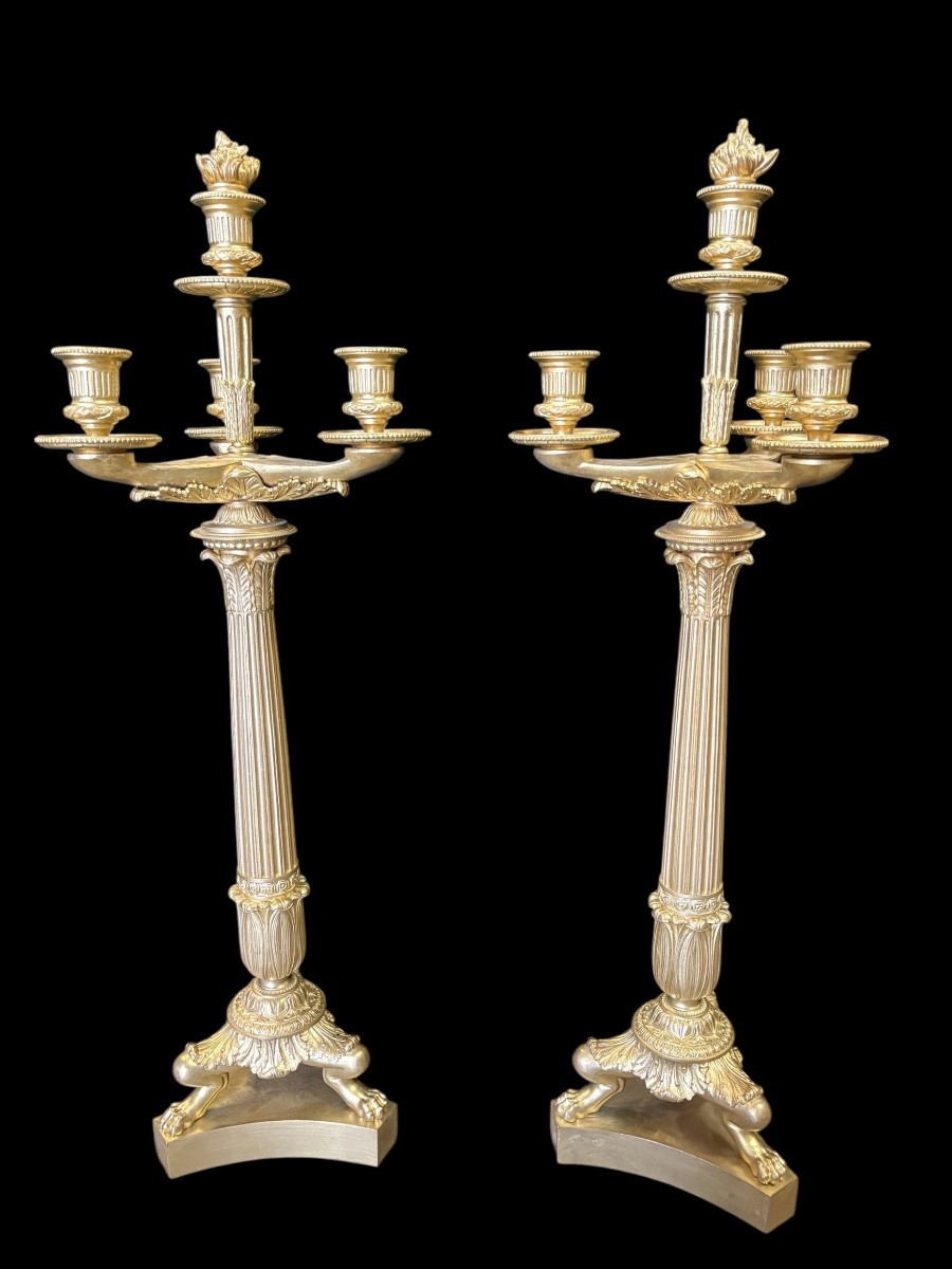 Pair Of Large Bronze Candelabra (71 Cm) In The Empire Style, 19th Century.