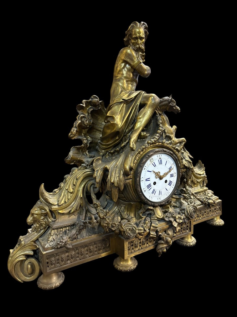 Très grande pendule ( 80 cm ) « Neptunes » en bronze, XIXe siècle.-photo-2