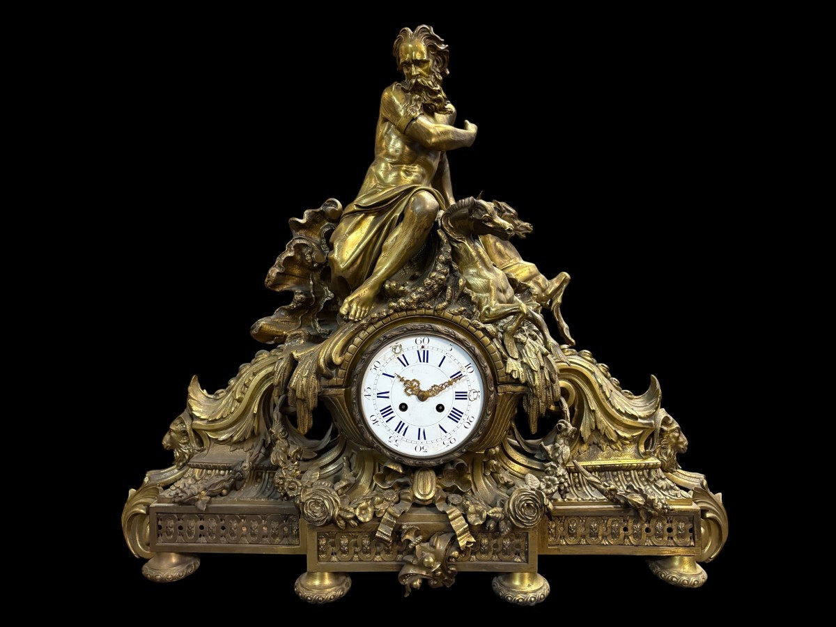 Très grande pendule ( 80 cm ) « Neptunes » en bronze, XIXe siècle.-photo-3