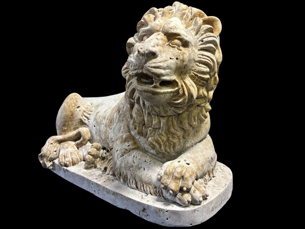 Large Renaissance Lion Sculpture In Travertine 20th ( 61 Cm )-photo-3