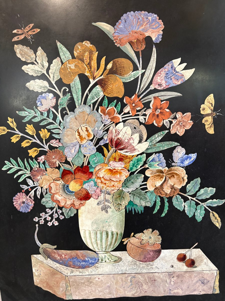 Peinture, « Nature morte aux fleurs » en scagliola, XIXe siècle-photo-3